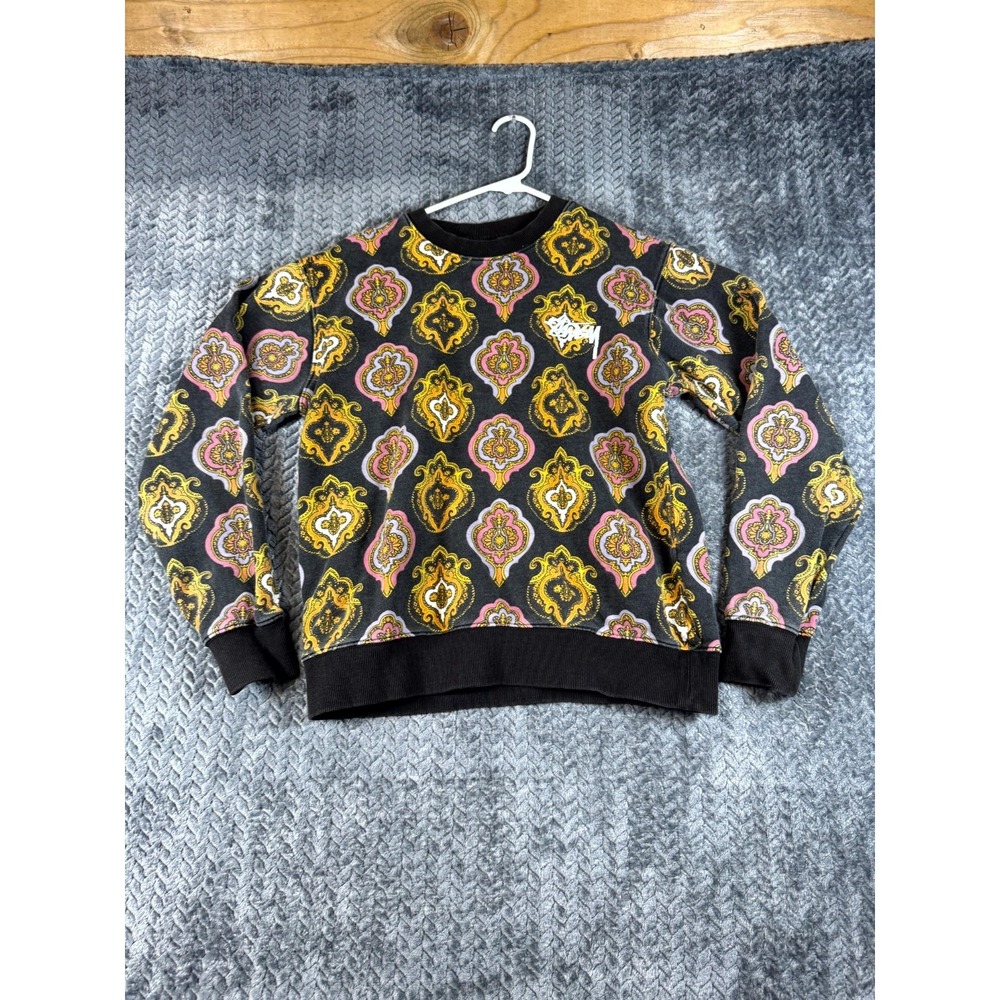 Stussy Sweatshirt Womens XS Black Wendel Paisley French Terry‎ Lined Crew Neck